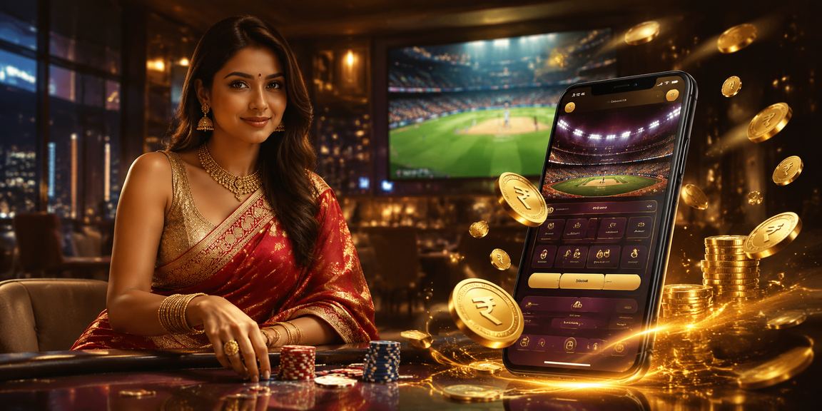 Indian woman enjoying cricket betting on mobile device